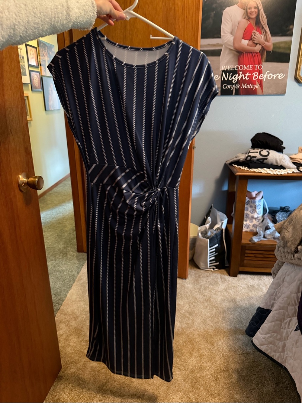 Navy Stripe Tie-Waist Midi Dress - Women's
